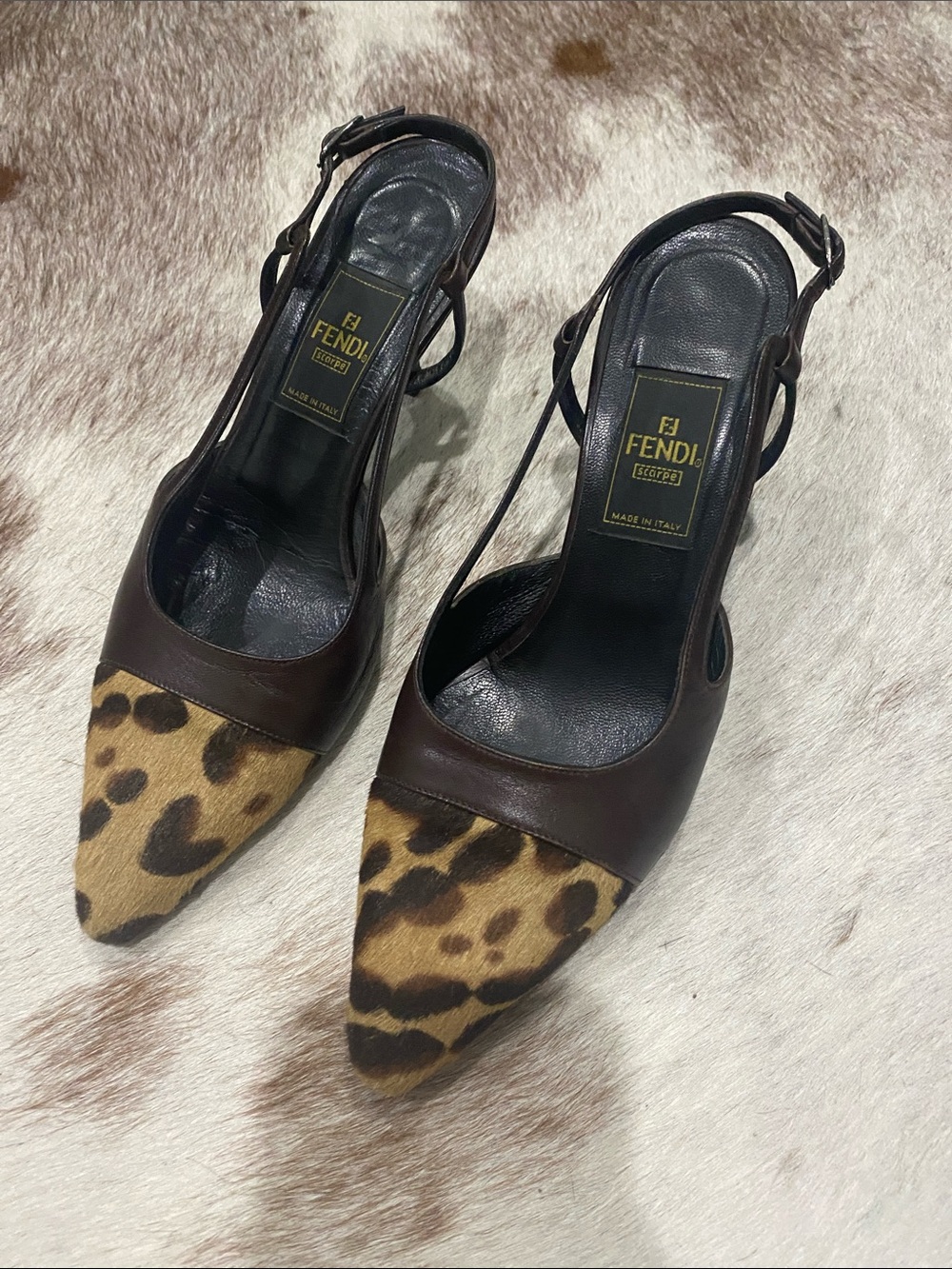 Authentic Fendi Brown Leather & Leopard-Pony hair Slingback Heels